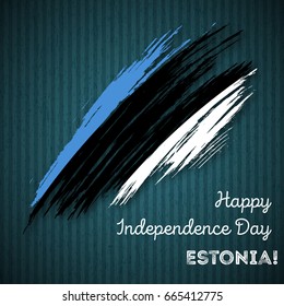 Estonia Independence Day Patriotic Design. Expressive Brush Stroke in National Flag Colors on dark striped background. Happy Independence Day Estonia Vector Greeting Card.