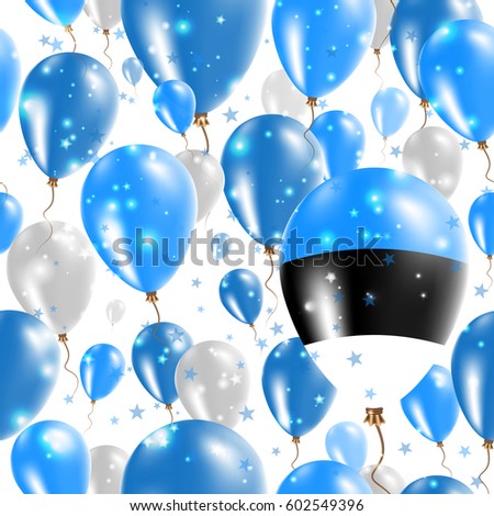 Estonia Independence Day Seamless Pattern. Flying Rubber Balloons in Colors of the Estonian Flag. Happy Estonia Day Patriotic Card with Balloons, Stars and Sparkles.