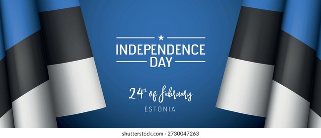 Anuncio de Vector del día de la independencia de Estonia, tarjeta de felicitación. Bandera ondulada estonia en el diseño Horizontal de la fiesta patriótica nacional del 24 de febrero