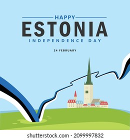 Estonia independence day vector illustration with local city skyline and a long flag. European country public holiday.