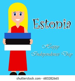 Estonia Independence Day. Vector illustration of polygonal Estonia flag.  Girl hold Estonia flag