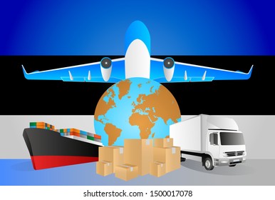 Estonia logistics concept illustration. National flag of Estonia from the back of globe, airplane, truck and cargo container ship