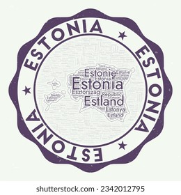 Logo de Estonia. Auténtica insignia de país con nubes de palabras en forma de Estonia. Símbolo redondo con nombre de país. Ilustración vectorial radiante.