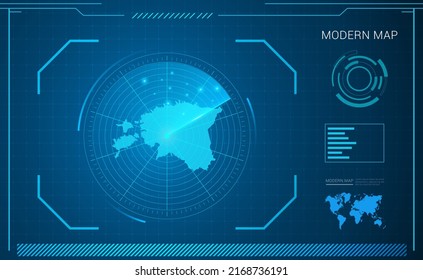 Mapa de Estonia del vector de radar de tecnología de cuadro digital azul HUD, GUI, interfaz de interfaz de usuario.