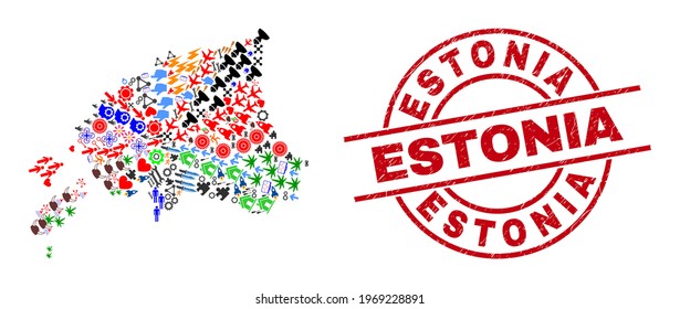 Estonia map collage and scratched Estonia red round stamp seal. Estonia seal uses vector lines and arcs. Estonia map mosaic contains markers, houses, showers, suns, stars, and more icons.