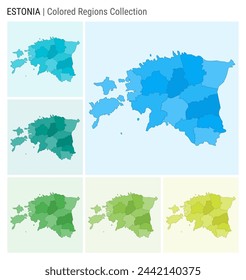 Estonia map collection. Country shape with colored regions. Light blue, cyan, teal, green, light green, lime color palettes. Border of Estonia with provinces for your infographic. Vector illustration.