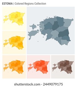 Colección del mapa de Estonia. Forma de Country con regiones de color. Gris azul, amarillo, ámbar, naranja, naranja profundo, marrón paletas de color. Frontera de Estonia con las provincias para su infografía.