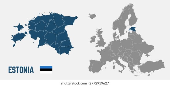 Estonia map. Estonia flag. Europe and Estonia maps with regions. Europe map isolated on white background. High detailed. Vector illustration	