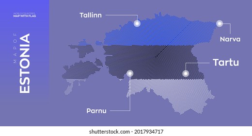 Estonia map with flag info graphic. Abstract vector map of Estonia with capital and major cities. Dots composition map on dark background.

