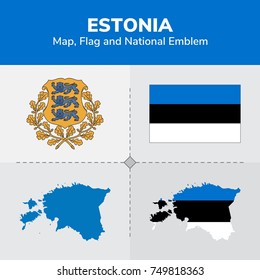 Estonia Map, Flag and National Emblem 