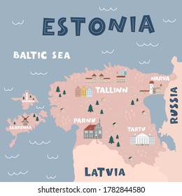 Estonia map flat hand drawn vector illustration. Names lettering and cartoon landmarks. Baltic sea, Narva, Parnu, Tartu city. Tallinn travel, trip comic infographic poster, banner concept design