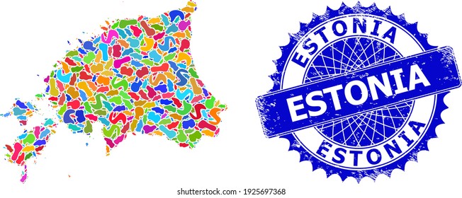 Estonia map flat illustration. Spot collage map and rubber stamp for Estonia. Sharp rosette blue stamp seal with tag for Estonia map. Mosaic vector Estonia map is formed with random bright spots.