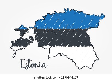 Estonia map hand drawn sketch. Vector concept illustration flag, children's drawing.