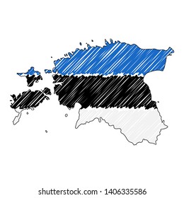 Estonia map hand drawn sketch. Vector concept illustration flag, childrens drawing, scribble map. Country map for infographic, brochures and presentations isolated on white background. Vector