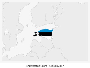 Estonia map highlighted in Estonia flag colors, gray map with neighboring countries.