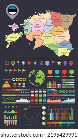 Diseño de plantillas de mapa informativo de Estonia. Conjunto oscuro. Plantilla de negocio en estilo plano para presentación, folleto, sitio web y otros proyectos creativos. 