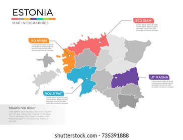 Estonia map infographics vector template with regions and pointer marks