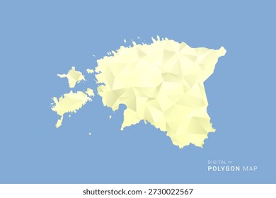 Mapa de Estonia en estilo de Vector de polígono bajo, ilustración de forma geométrica con tonos amarillos suaves sobre fondo azul, silueta limpia para infografía.