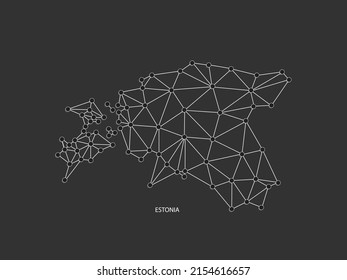 Estonia Map Point scales on black background. Wire frame polygonal network white line, dot and shadow dot.