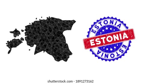 Estonia mapea malla poligonal con triángulos rellenos y sello bicolor rasado. Mapa del mosaico triangular de Estonia con modelo vectorial de malla, los triángulos tienen varios tamaños, posiciones y tintos de color.