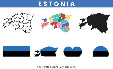 Estonia map set with counties outline silhouette and national flag icons