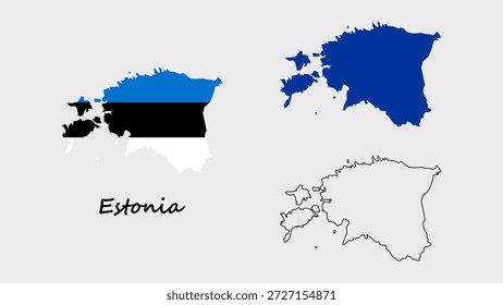 Mapa da Estônia. Mapa da bandeira da Estônia, azul e mapa do contorno sobre fundo branco