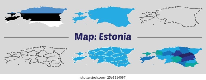 Estonia map set. Estonia map vector. High detailed vector outline,blue silhouette and administrative divisions map of Estonia.