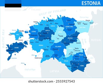 Estonia Map Vector Blue Spot - Customizable layered political map of Estonia with administrative divisions for website, education, reports, news, politics, print, poster and wallpaper