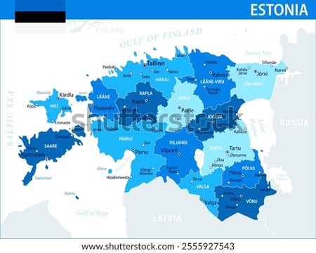 Estonia Map Vector Blue Spot - Customizable layered political map of Estonia with administrative divisions for website, education, reports, news, politics, print, poster and wallpaper