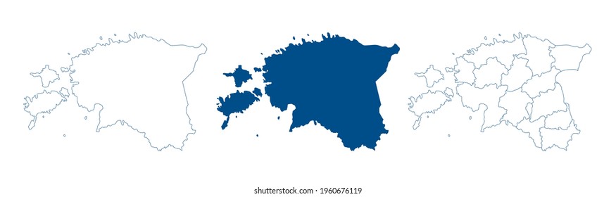 Estonia map vector. High detailed vector outline, blue silhouette and administrative divisions map of Estonia. All isolated on white background. Template for website, design, cover, infographics