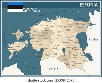 Estonia Map Vector Vintage Dark Blue Beige - Customizable layered political map of Estonia with administrative divisions for website, education, reports, news, politics, print, poster and wallpaper