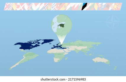 Estonia member of North Atlantic Alliance selected on perspective World Map. Flags of 30 members of alliance. Vector illustration.