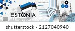 Estonia national day banner with Estonian flag colors theme background and geometric abstract retro modern blue black white design. Multiple landscapes of Tallinn , celebration of independence day.