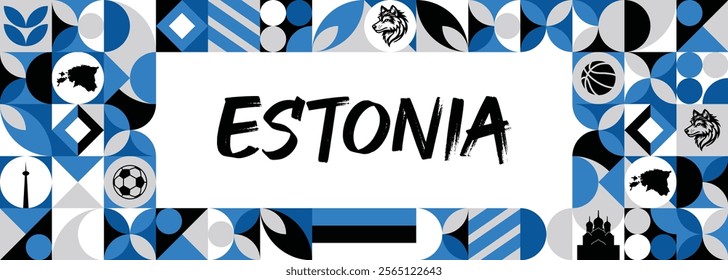 Estonia national day banner with Estonian flag and geometric abstract retro modern background design. Tallinn Estonia Flag for independence day
