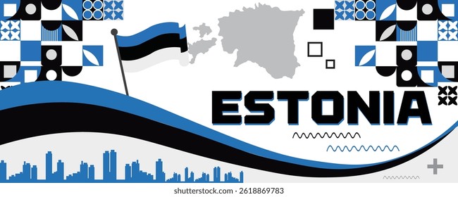 A bandeira estoniana colore o padrão geométrico abstrato com quadrados azuis, brancos e pretos. Design de fita e tipografia moderna. Banner digital patriótico com layout dinâmico ilustração VECTER 