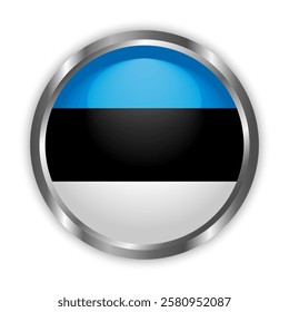 Estonia national flag button with silver frame. Estonia round badge icon. Vector illustration