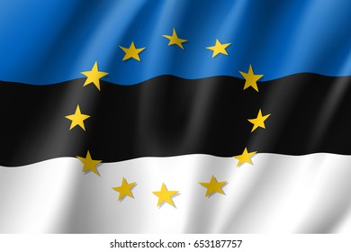 Estonia national flag with a circle of European Union twelve gold stars, solidarity and harmony with EU, member since 1 May 2004. Realistic vector style illustration