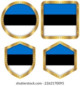 Estonia National Flag Collection Set of Circular, Square, Shield, Hexagon Gold Border Logo Button Icon Vector Design Isolated on White Background