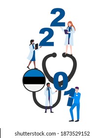 Estonia national flag on a stethoscope with doctors and year 2021 on a white background. Postcard on the topic of fighting the epidemic. Health workers in the new year.