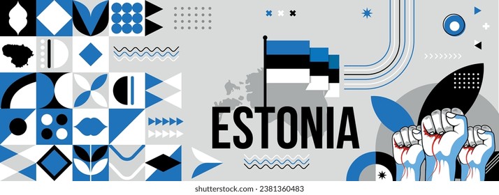  Estonia national or independence day banner for country celebration. Flag and map of Estonia with raised fists. Modern retro design with typorgaphy abstract geometric icons. Vector illustration.