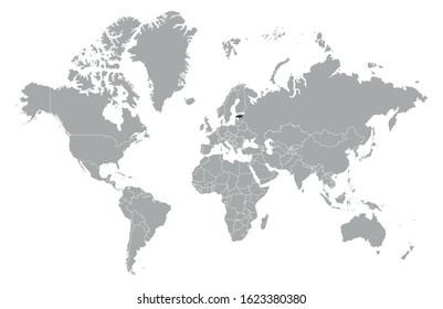 Estonia on detailed world map. With overlay Estonia flag. The location of the country of Estonia on the world map.