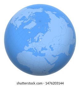 Estonia on the globe. Earth centered at the location of the Republic of Estonia. Map of Estonia. Includes layer with capital cities.
