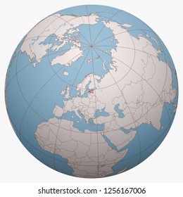 Estonia on the globe. Earth hemisphere centered at the location of the Republic of Estonia. Estonia map.