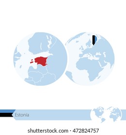 Estonia on world globe with flag and regional map of Estonia. Vector Illustration.