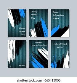 Estonia Patriotic Cards for National Day. Expressive Brush Stroke in Flag Colors on dark striped background. Vector Greeting Card.