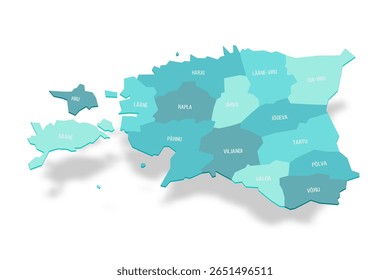 Estônia mapa político de divisões administrativas - condados. Mapa de vetor turquesa 3D com rótulos de nome.