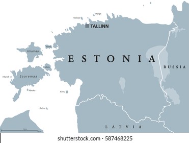 Estonia political map with capital Tallinn, national borders and neighbor countries. Republic in Northern Europe, one of the three Baltic states. Gray illustration over white, English labeling. Vector