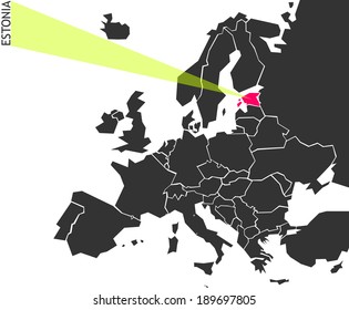 Estonia - political map of Europe with marked state. Marker looks like ray of light. (vector illustration)