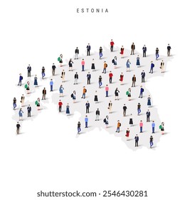 Mapa da população da Estônia. Grande grupo de realista uma multidão diversificada de pessoas figura em uma forma de mapa estoniano. Ilustração de vetor plano isolada em branco.