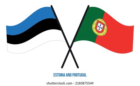 Estonia and Portugal Flags Crossed And Waving Flat Style. Official Proportion. Correct Colors.